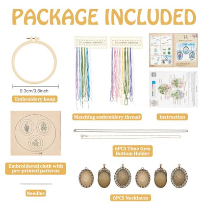 FREEBLOSS 6 Set Embroidery Necklace Kit Embroidery Kit for Beginners Embroidery Pendant Flowers Brooch Mini Embroidery Kit with Instruction Embroidery Starter Kit for Adults Stamped Pattern Cloth