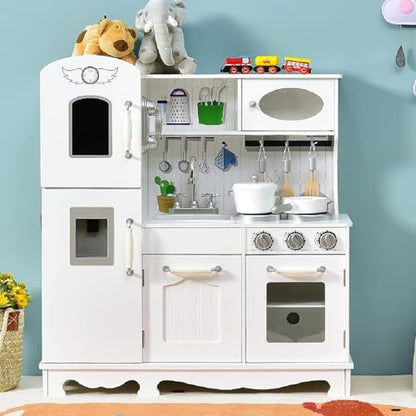 Costzon Kids Kitchen Playset, Wooden Toddlers Toy Kitchen with Light & Sound, Microwave, Ice Maker, Oven, Sink & Faucet, Cooking Accessories, Pretend Play Kitchen, Gift for Boys Girls Age 3+ - color: White