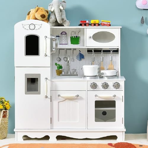 Costzon Kids Kitchen Playset, Wooden Toddlers Toy Kitchen with Light & Sound, Microwave, Ice Maker, Oven, Sink & Faucet, Cooking Accessories, Pretend Play Kitchen, Gift for Boys Girls Age 3+ - color: White