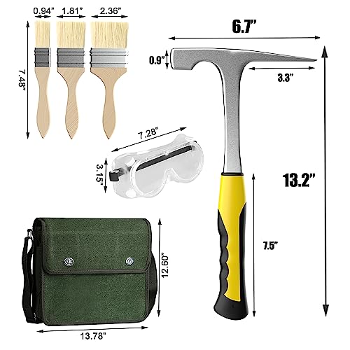 10PCS Geology Rock Pick Hammer Kit, Geology Hammer Tools,32oz Hammer & 3 PCS Digging Chisels Set for Rock Hounding, with Musette Bag, jewelers loupe,Safety Goggles,3Brushes.
