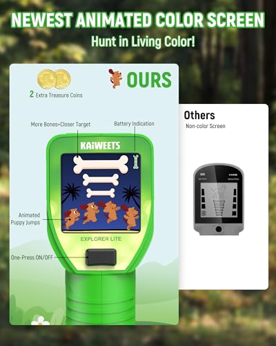 KAIWEETS Kids Metal Detector, 2026 New Animated Color Screen, Adjustable Stem, Lightweight, Treasure Hunt Gift, Complete Starter Kit with Backpack, Bonus Coins, Shovel, Rake (Explorer LITE)