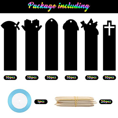 CY2SIDE 60PCS Religious Scratch Bookmarks, DIY Crosses Rainbow Color Paper Cards Craft Kits for Christian Sunday School Church, Easter Magic Art Project for Vacation Bible Classroom