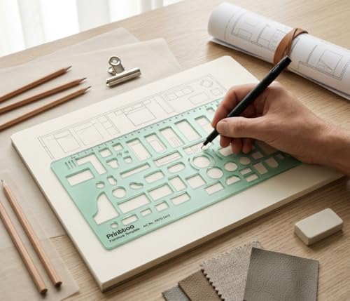 Printtoo Furniture Template Stencil, 2mm Thick Clear Green Acrylic Interior Design Ruler, Furniture Layout Cutouts with Measurements, Drafting Tool for Architects, Students & Designer - color: Series-PRTD-2412A