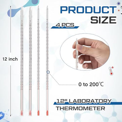 4 Pcs Lab Thermometer 12” Celsius Laboratory, Red Liquid in Glass