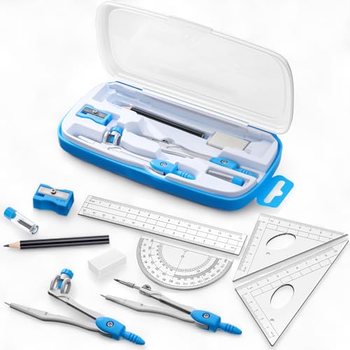 Zonon 10 Pcs Math Geometry Set for Student Compass Protractor, Blue - color: Blue
