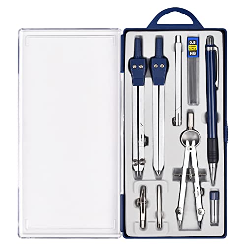 Unjoo 9Pcs Precision Geometry Set Metal Compass,Geometry Tool Set (Blue)