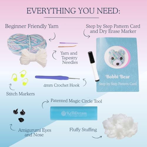 KelliDream Magic Circle Tool Inclusive Learn to Crochet Kit for Beginners; Step-by-Step Video Tutorials; All Supplies to Make Cute Amigurumi (Bear) - color: Bear