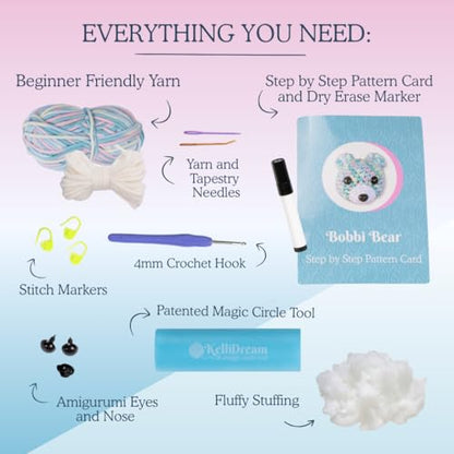 KelliDream Magic Circle Tool Inclusive Learn to Crochet Kit for Beginners; Step-by-Step Video Tutorials; All Supplies to Make Cute Amigurumi (Bear) - color: Bear
