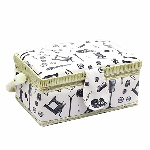 Small Sewing Basket with Supplies, Sewing Kit Storage Box for Girls/Kids/Beginners (White, Sewing Accessories Pattern)