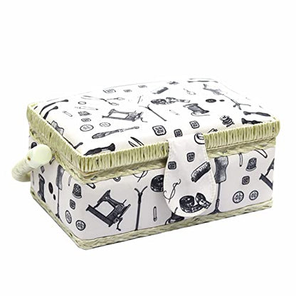 Small Sewing Basket with Supplies, Sewing Kit Storage Box for Girls/Kids/Beginners (White, Sewing Accessories Pattern)