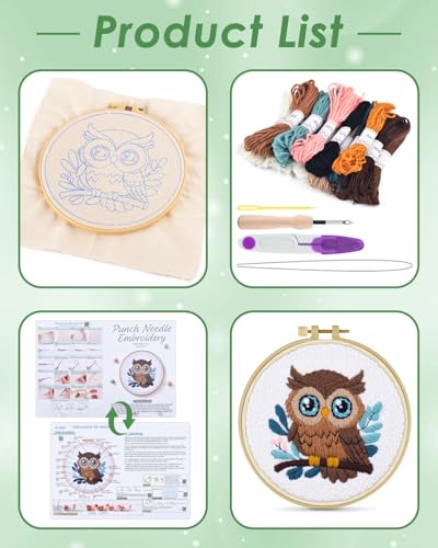 ERKOON Punch Needle Kit for Beginners Adults, DIY Easy Animal Embroidery Set for Starter Art Craft, Needling Punch Project with Patterns, Tools, Yarns, Hoop, Instruction (Owl) - color: Owl