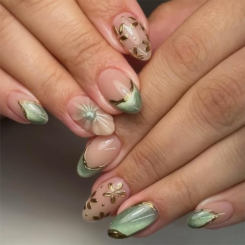 3D French Tip Press on Nails Medium Almond Green Glitter Fake Nails Flowers False Nails with Designs Full Cover Almond Shaped Acrylic Nails Press ons Summer Stick on Nail for Women 24Pcs - color: Style14