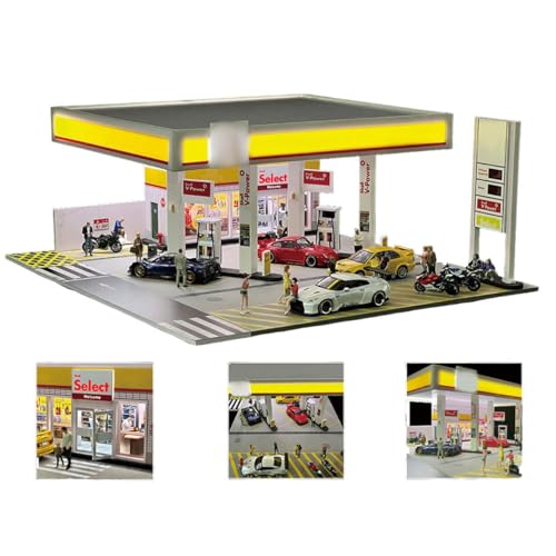 1/64 Scale Shell Gas Station Diorama Kit, Miniature Building Scene Model Set, Collectible Desk Decor for Home & Office (No Vehicles or Figures)
