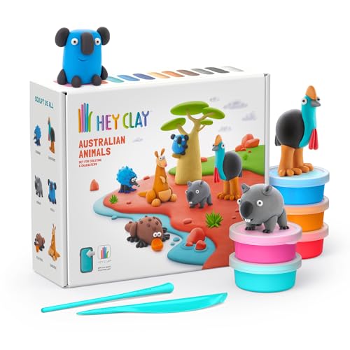 HEY CLAY Fat Brain Toys Australian Animals 15 Cans Set - Colourful Modelling Kids Air-Dry Clay Set 15 Cans with Sculpting Tools and Fun Interactive Instructions - Gift for Children Age 3+ - color: Australian Animals