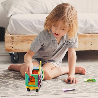 Magnetic Tiles Car Building Kit for Toddlers, 4 PCS Magnet Construction Trucks, STEM Toys for 3-8 Year Old Boys Girls, Educational Vehicle Engineering Set - color: Red Orange Yellow Green