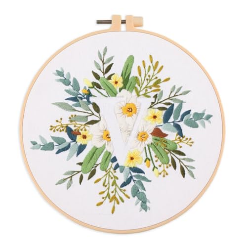 Abillyn Embroidery Starter Kit English Letter V and Flowers Stamped with Printed Pattern Cross Stitch Embroidery Kits (Letter V) - color: Letter V