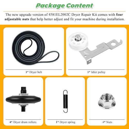 Dryer Repair Kit Fits for LG Kenmore Dryer Drum Roller Kit 4581EL2002C 4581EL2002H AGM75510755 4581EL2002A & Dryer Belt 4400EL2001F 4400EL2001A & Idler Pulley 4561EL3002A 4560EL3001A by Techecook