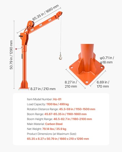 VEVOR Truck Crane, 1100 lbs Manual Pickup Truck Crane with Hand Winch, 360° Rotating Telescopic Boom, Premium Galvanized Steel, Foldable Pickup Bed Jib for Machine Lumber Attic Heavy Load Lifting