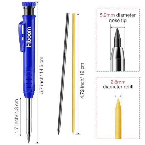 Hiboom Mechanical Carpenter Pencil with 7 Leads, Deep Hole Marker, Blue - color: Blue