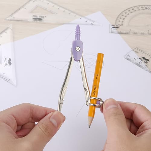 Mr. Pen- Geometry Set, 13 pcs, 3 Metal Compasses, Protractor, 6" Ruler | 45° & 30°/60° Set Squares, Pencils, Lead Refills, Sharpener & Eraser for Math, Drafting & Classroom Use - color: Purple