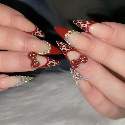 Stiletto Press on Nails Long Red Fake NailLeopard Acrylic Nail Press ons Rhinestones Stick on Nails for Women 24pcs - color: Color22