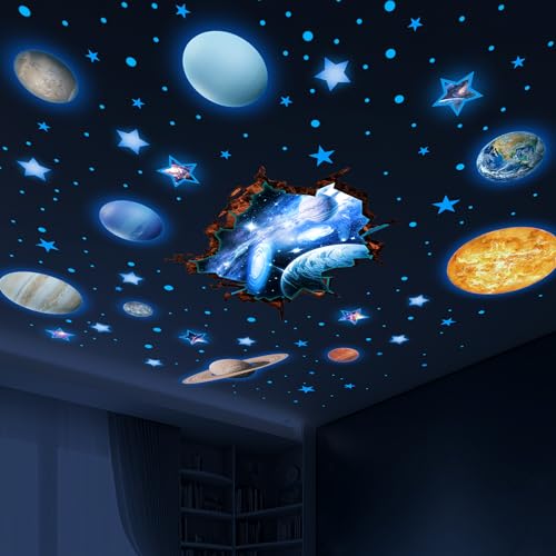 Stars and Planets Wall Decals Glow in The Dark, Sun Solar System Stickers for Ceiling, Space Wall Sticker for Kids Room (Blue) - color: Sun-blue-3