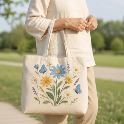 ARTopet Embroidery Tote Bag Kit for Beginners Flower Canvas Cross Stitch Handbag with Hoops Needles Threads Reusable Grocery Bag for Women-Flowers - color: Flowers