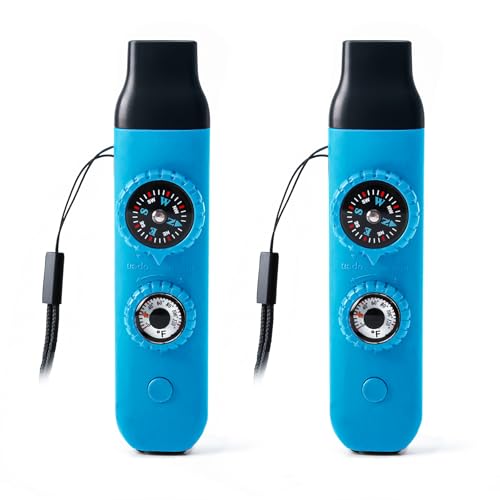 Emergency Survival Safety Whistle，Whistle for Kids with Lanyard,Compass,Thermometer,Ideal for Kayaking, Boating, Hiking, Camping, Climbing - color: Blue 2pcs