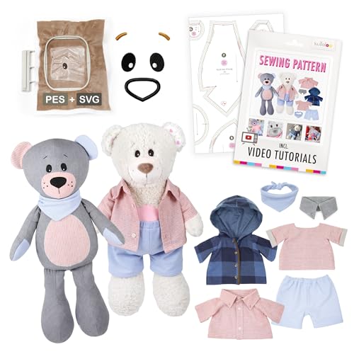kullaloo Memory Bear Patterns for Sewing & Template – Teddy Bear Sewing Pattern Keepsake with Removable Collar, Shirt & Jacket | QR Video Tutorials, PES & SVG Files | Designed in Canada - color: Memory Bear "JOSHI" with Clothes
