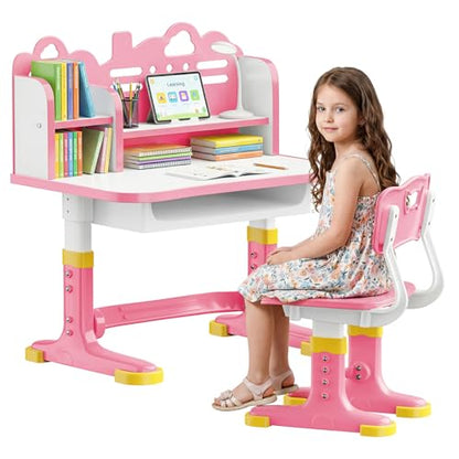 Kids Desk and Chair Set for Ages 3-12 - Height Adjustable Study Desk with Widened Desktop, Storage Drawer & Bookstand, Ergonomic Design, Supports up to 300 lbs - color: 606-pink