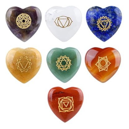 TGS Gems 7pcs Chakra Heart Crystal Stones Natural Reiki Healing Crystals Gemstones with Engraved Chakra Symbol Chakra Stone Kit for Meditation Crystal