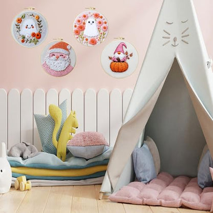 LB 4 Pack Halloween Embroidery Kit for Beginners, Halloween Ghost Christmas Santa Fall Gnome Pumpkin DIY Hand Embroidery Kit with Hoop, Threads, Holiday Craft Kit for Adults - color: Pink and White