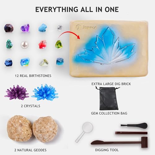 Japace Earth Science Kits for Kids Age 6-8-12-14, Birthstone Gems Dig Kit