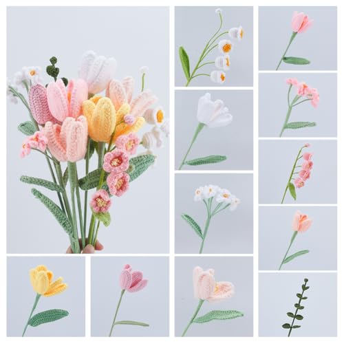 INFUNLY 12pcs/Set Crochet Flower Bouquet Kit Handmade Crochet Sunflower Set Artificial Knitted Bouquets Bell Orchid DIY Making Kit with Yarn Hook Instructions for Wedding Graduation Birthday Gift - color: Pink Tulips