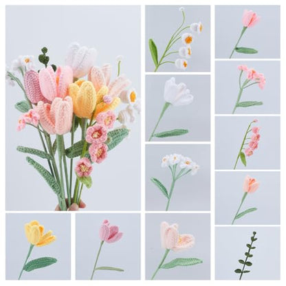 INFUNLY 12pcs/Set Crochet Flower Bouquet Kit Handmade Crochet Sunflower Set Artificial Knitted Bouquets Bell Orchid DIY Making Kit with Yarn Hook Instructions for Wedding Graduation Birthday Gift - color: Pink Tulips