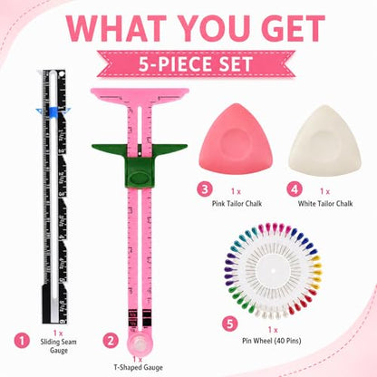 5 Piece Sewing Gauge Set, 5-in-1 Sliding Ruler & Seam Gauge, Pink - color: Pink