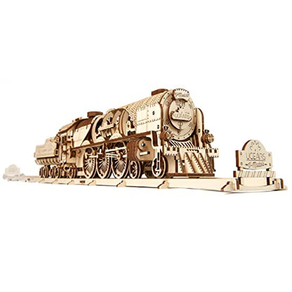 UGEARS V-Express Steam Train with Tender 3D Wooden Puzzles for Adults - Wooden Model Kits for Adults Model Train Steam Engine Kit Brain Teaser, Hobby Set Home Decoration
