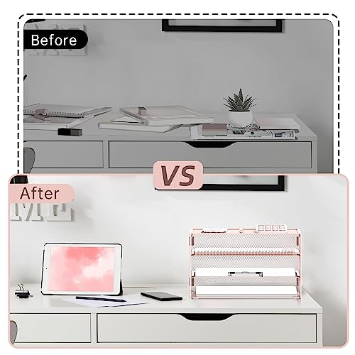 DALTACK 3 Tier Letter Tray Paper Organizer with Sliding Mesh Trays Pink - color: Pink