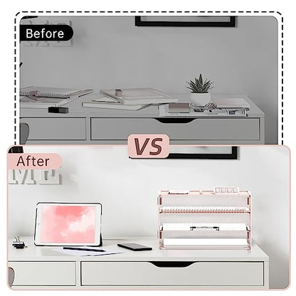 DALTACK 3 Tier Letter Tray Paper Organizer with Sliding Mesh Trays Pink - color: Pink