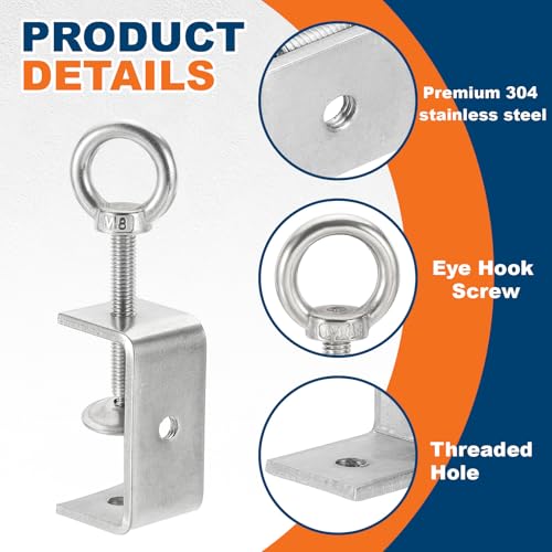 HARFINGTON 2 Pcs 304 Stainless Steel C Clamps 55mm Square Mini Tiger Clamp Adjustable Heavy Duty Metal U Clip with Eye Hook Screw for Woodworking Welding Mounting, Silver - size: 55mm