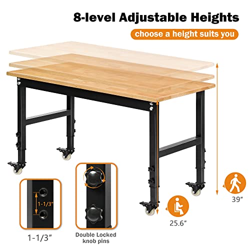 Betterhood 48" Heavy-Duty Adjustable Workbench for Garage, Rubber Wood Shop Table W/Metal Wheels, Hardwood Workstation Weight Capacity Over 2000 Lbs with Wheels - size: Metal Wheels / 48"x23.6"x39"