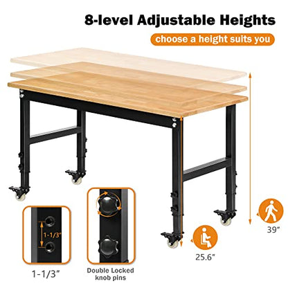 Betterhood 48" Heavy-Duty Adjustable Workbench for Garage, Rubber Wood Shop Table W/Metal Wheels, Hardwood Workstation Weight Capacity Over 2000 Lbs with Wheels - size: Metal Wheels / 48"x23.6"x39"