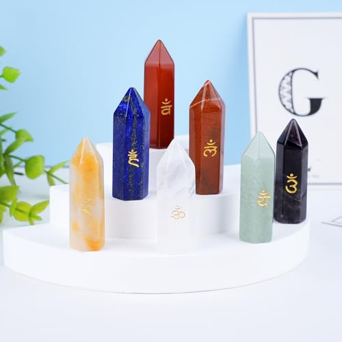 TGS Gems 7pcs Chakra Tower Crystal Stones Natural Reiki Healing Crystals Gemstones with Engraved Chakra Symbol Chakra Stone Kit for Meditation Crystal - color: Ckl-ljz