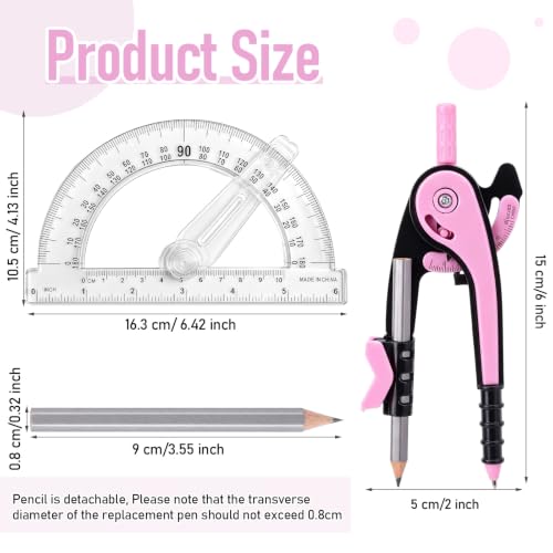 Zonon 2 Pcs Protractor and Compass Set, Swing Arm Protractor, Pink Clear - color: Pink and Clear