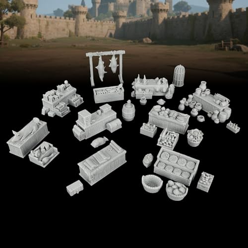 AUSPDICE Fantasy Bazaar Scatter Terrain, 25mm Unpainted Market Goods Set - color: Af1104 Q Market Stall