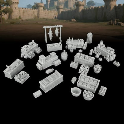 AUSPDICE Fantasy Bazaar Scatter Terrain, 25mm Unpainted Market Goods Set - color: Af1104 Q Market Stall