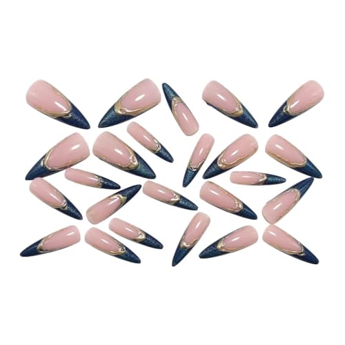 Stiletto Press on Nails Medium Blue Fake Nail Golden Embossed Acrylic Nail Press ons Cat Eye Stick on Nail for Women 24pcs - color: Color37