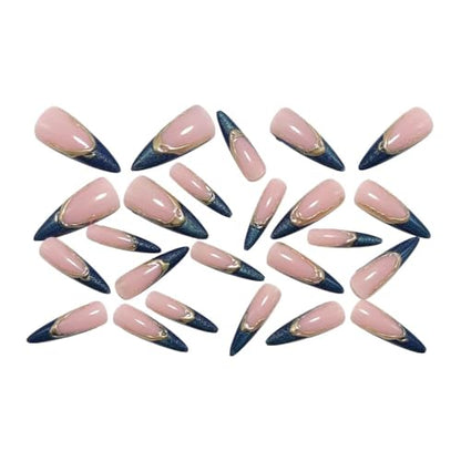 Stiletto Press on Nails Medium Blue Fake Nail Golden Embossed Acrylic Nail Press ons Cat Eye Stick on Nail for Women 24pcs - color: Color37
