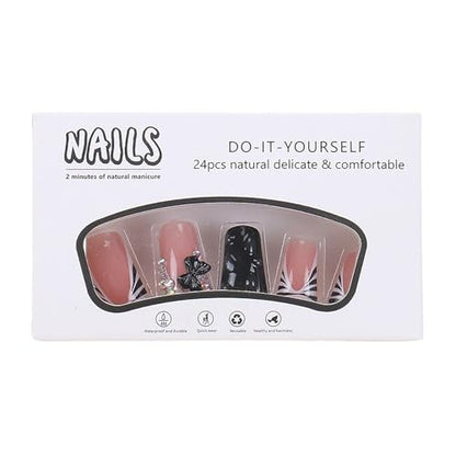 Duck Press on Nails Black Fake Nails French Tip False Nails Press on with 3D Texture and Bow Charm Design Acrylic Nails Glossy Duck Glue on Nail 24Pcs Artificial Manicure for Women - color: Style-A15