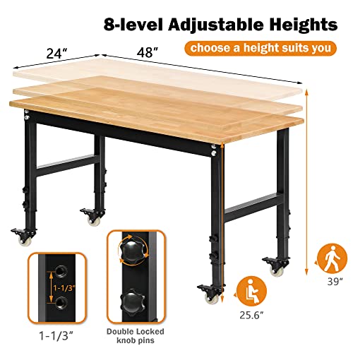 Betterhood 48" Heavy-Duty Adjustable Workbench for Garage, Rubber Wood Shop Table W/Metal Wheels, Hardwood Workstation Weight Capacity Over 2000 Lbs with Wheels - size: Metal Wheels / 48"x23.6"x39"